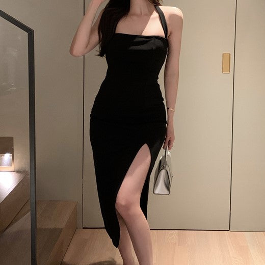 Black Halter Neck Bodycon With High Slit