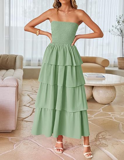 Olive Tube Smoked Dress With Ruffled Layers