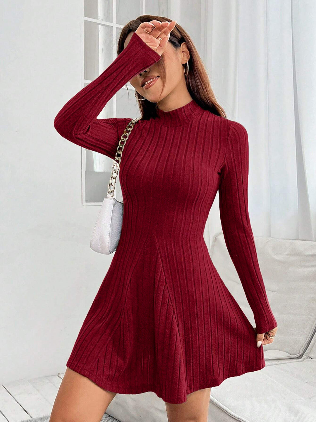 Burgundy High Neck Wide Spaced Rib Dress