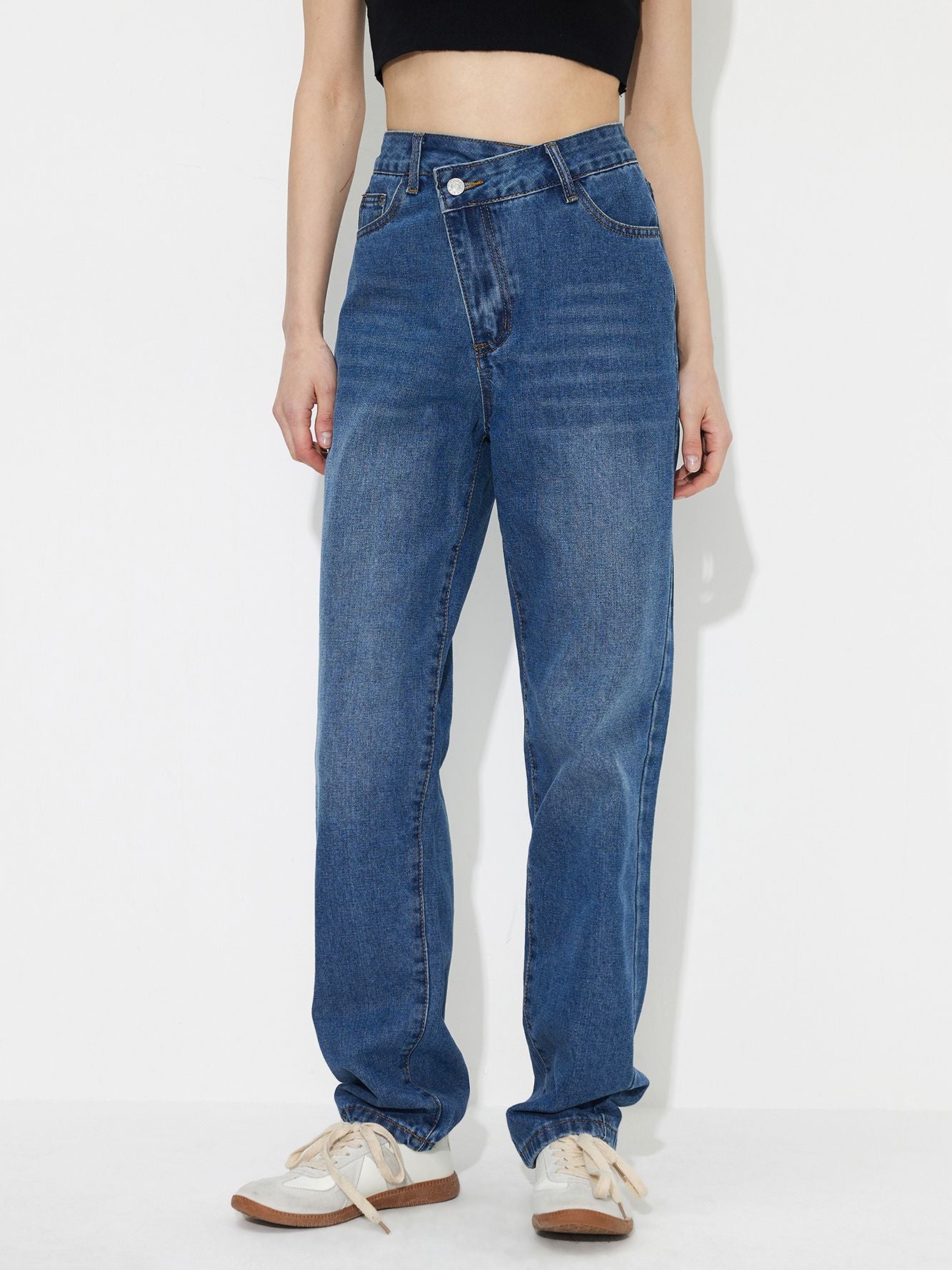 Navy Blue Criss Cross Waistband Denim