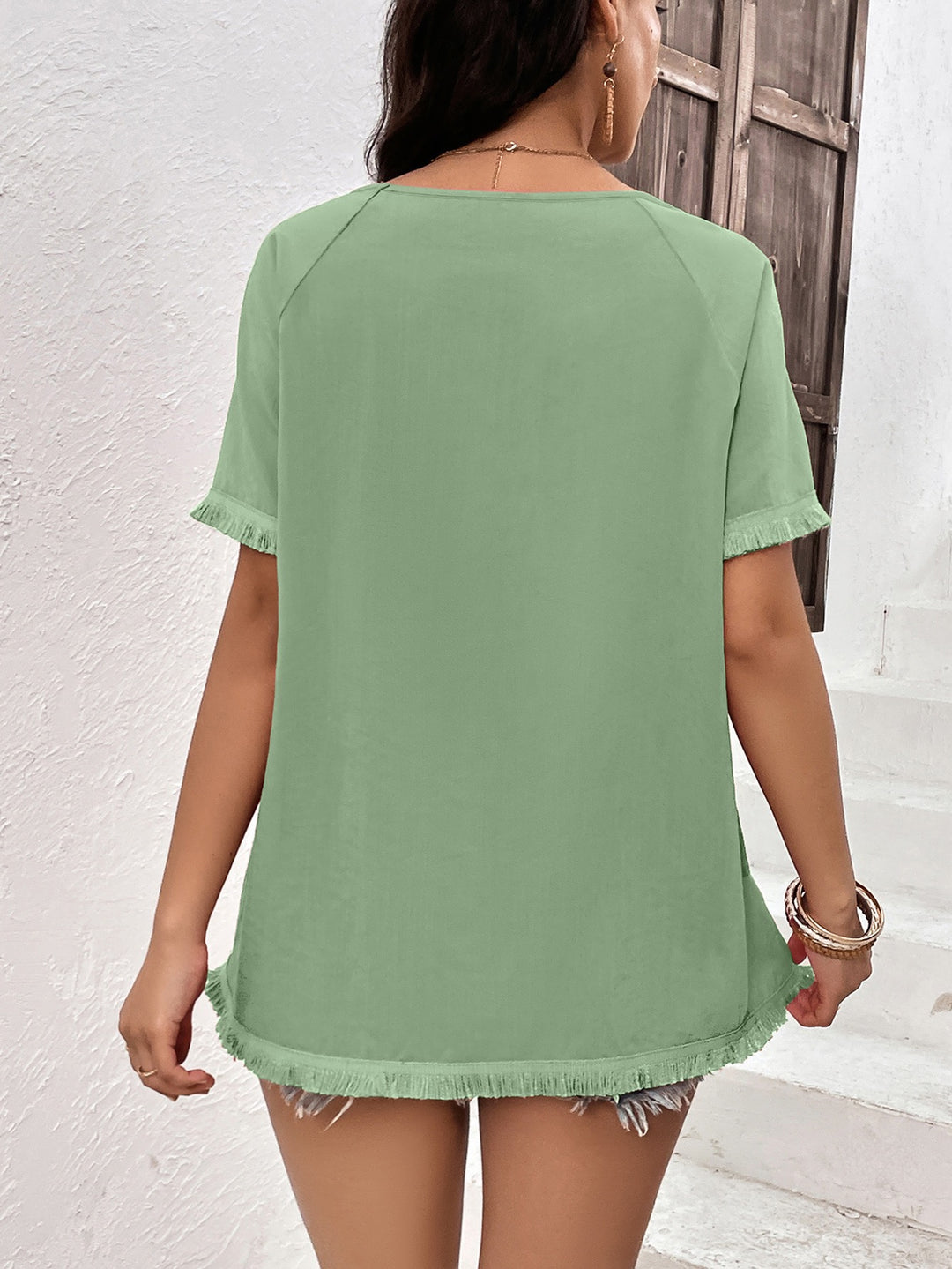 Green Crew Neck Fringe Hem Tshirt