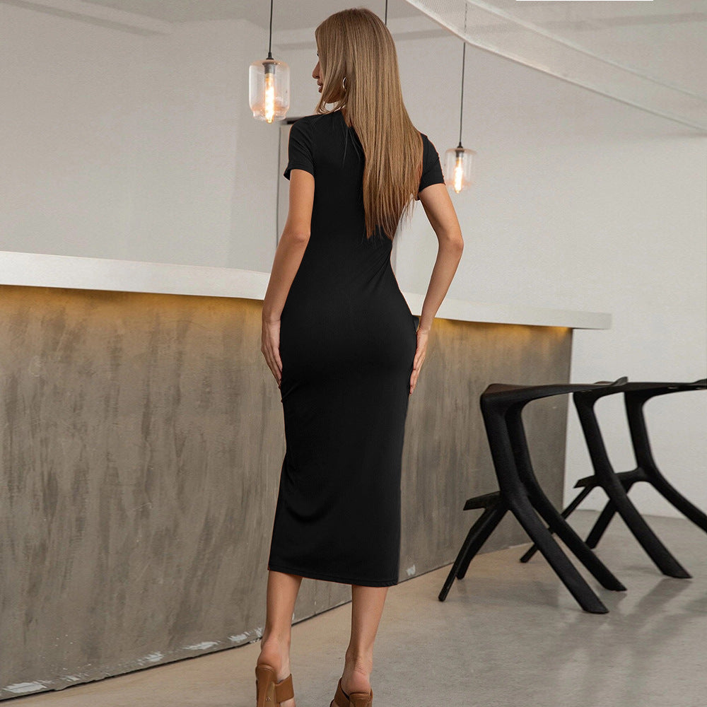 Black Short Sleeve Front Slit Dress