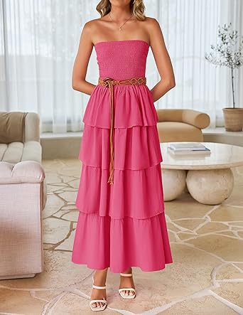 Pink Tube Smoked Dress With Ruffled Layers