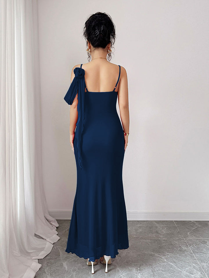 Blue Spaghetti Strap Flower Detail Dress