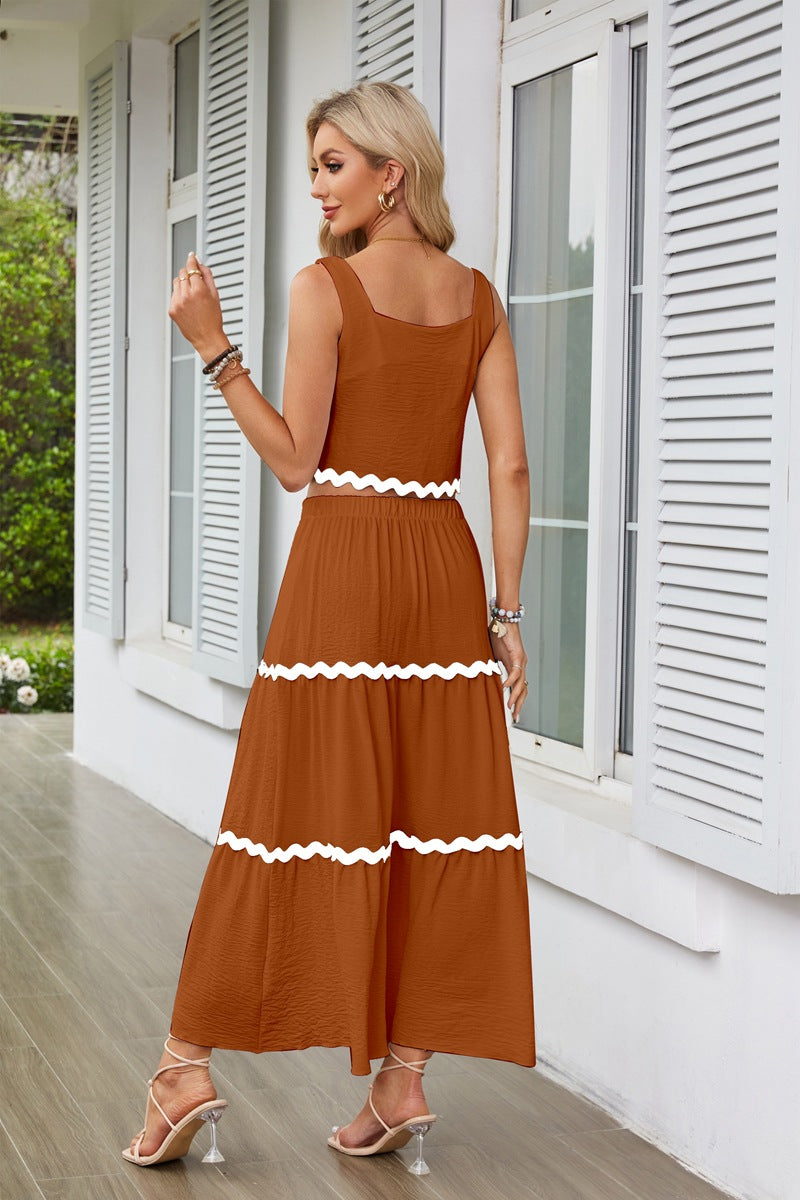Tan Contrast Tipping Top And Skirt Co-Ord Set
