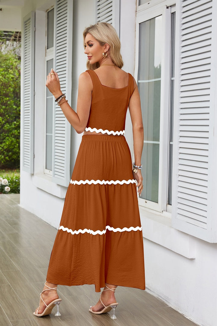 Tan Contrast Tipping Top And Skirt Co-Ord Set