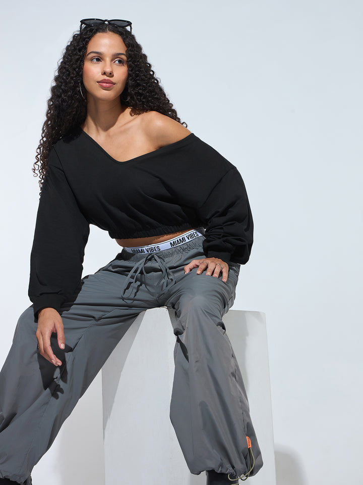 Black V Neck Cropped Sweatshirt