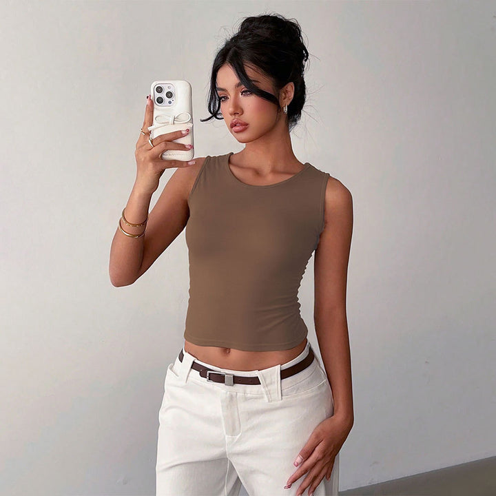 Brown Round Neck Sleeveless Top