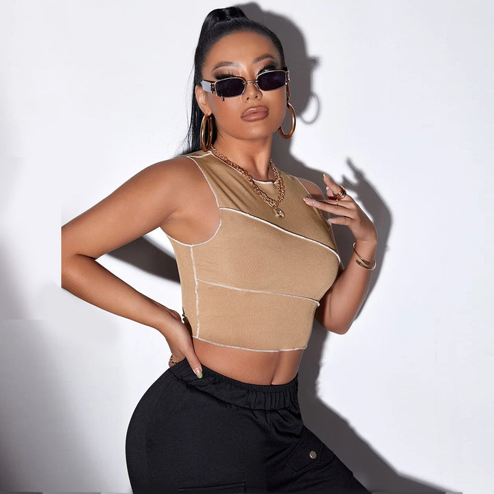Khaki Sleeveless Contrast Seam Top