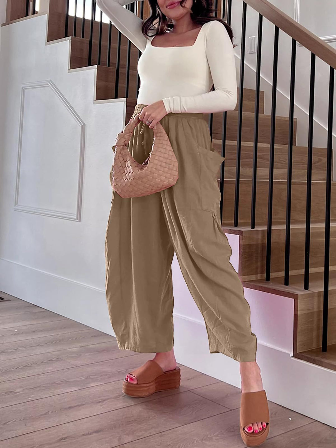 Off White Wide Leg Casual Cargo Pants