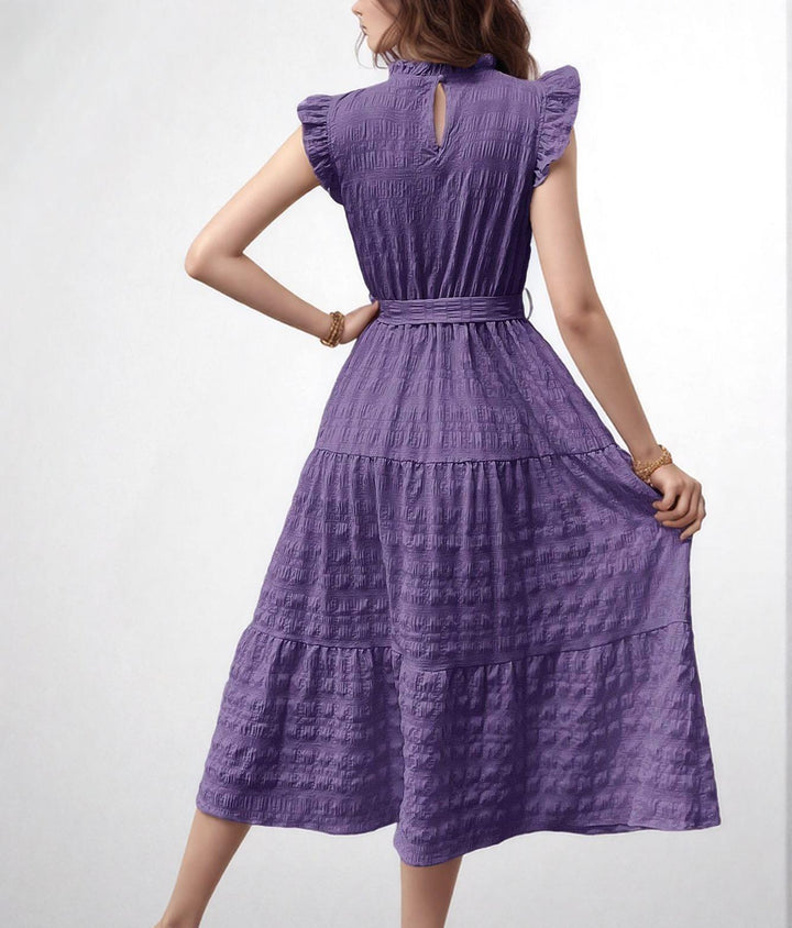 Purple Short Ruffle Sleeve Mock Neck Dress
