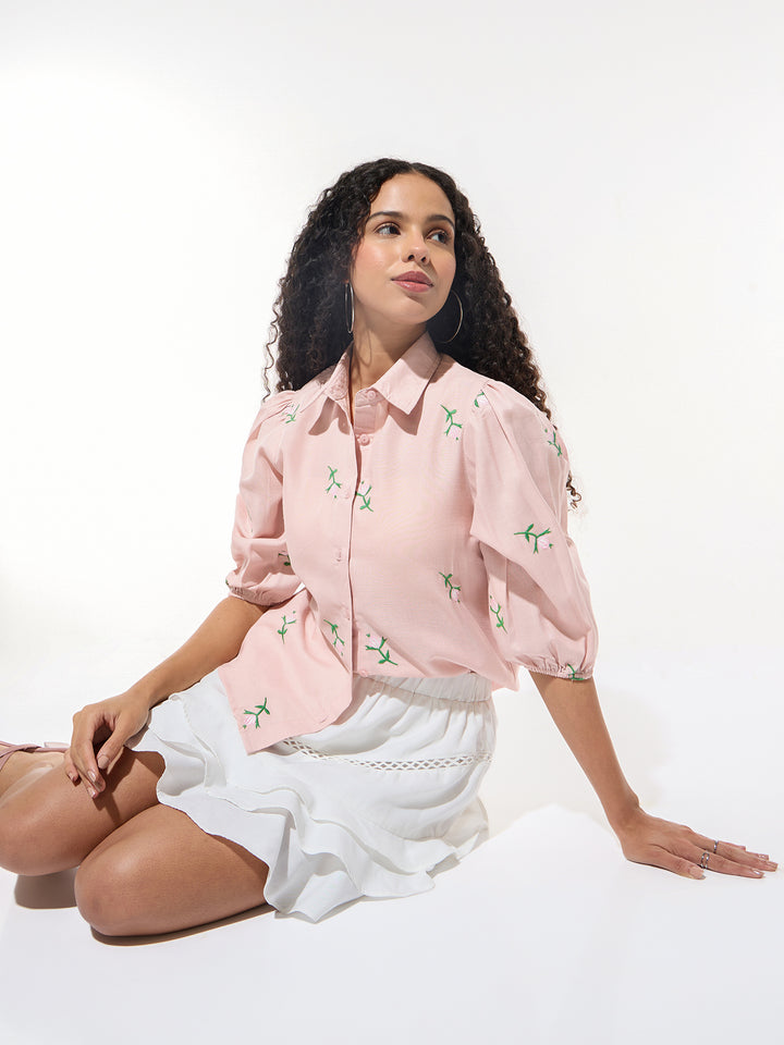 Pink Boxy Shirt With Embroidery Detail