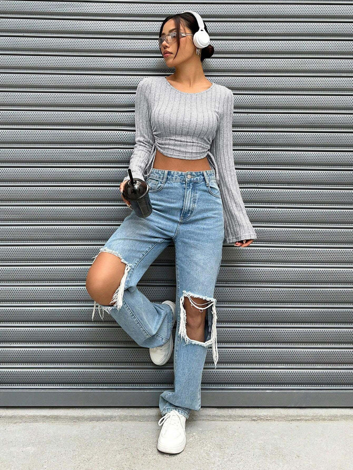 Grey Wide Spaced Rib With Ruching At The Sides Top