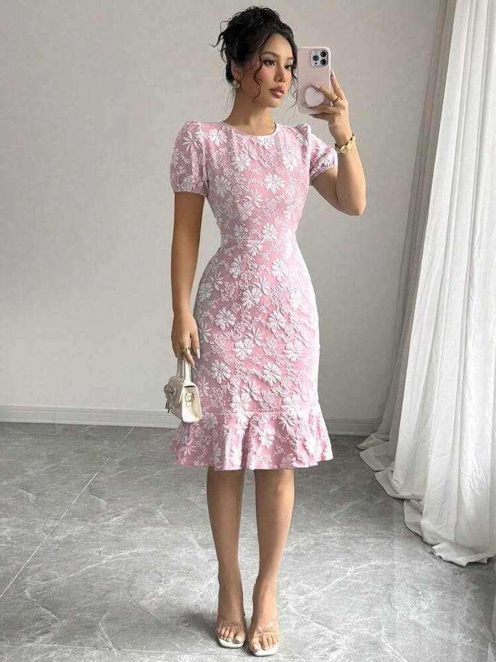 Pink Round Neck Ruffle Dress