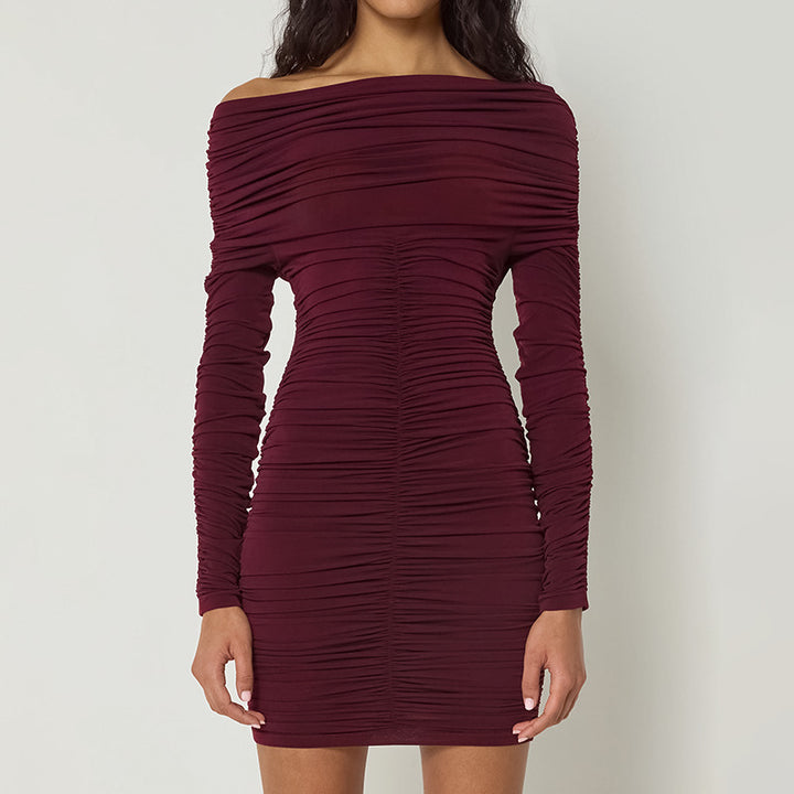 Burgundy Off-Shoulder Ruched Dress