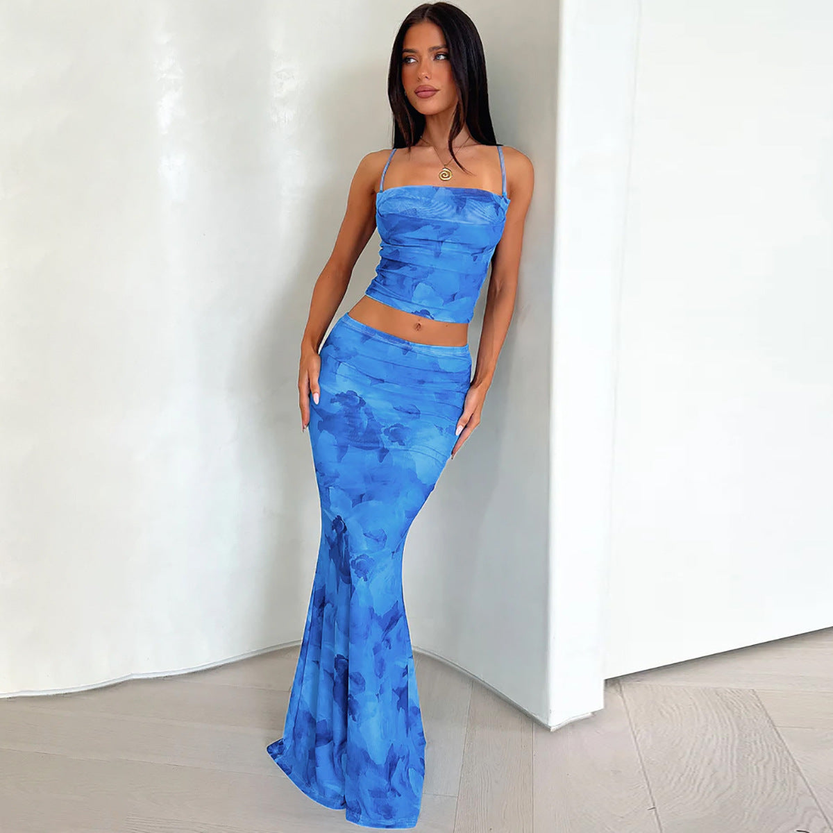 Blue Spaghetti Strap Cami Top With Skirt Co-Ord Set