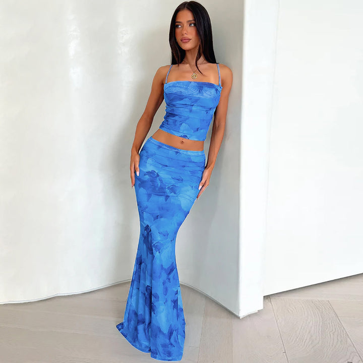 Blue Spaghetti Strap Cami Top With Skirt Co-Ord Set