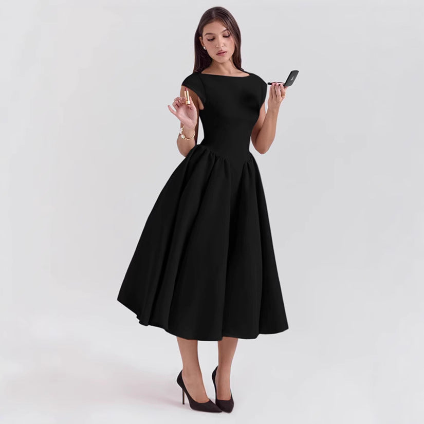Black Boat Neck Flared Dress