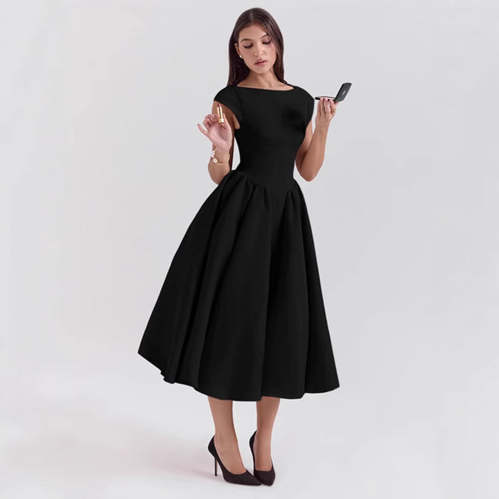 Black Boat Neck Flared Dress