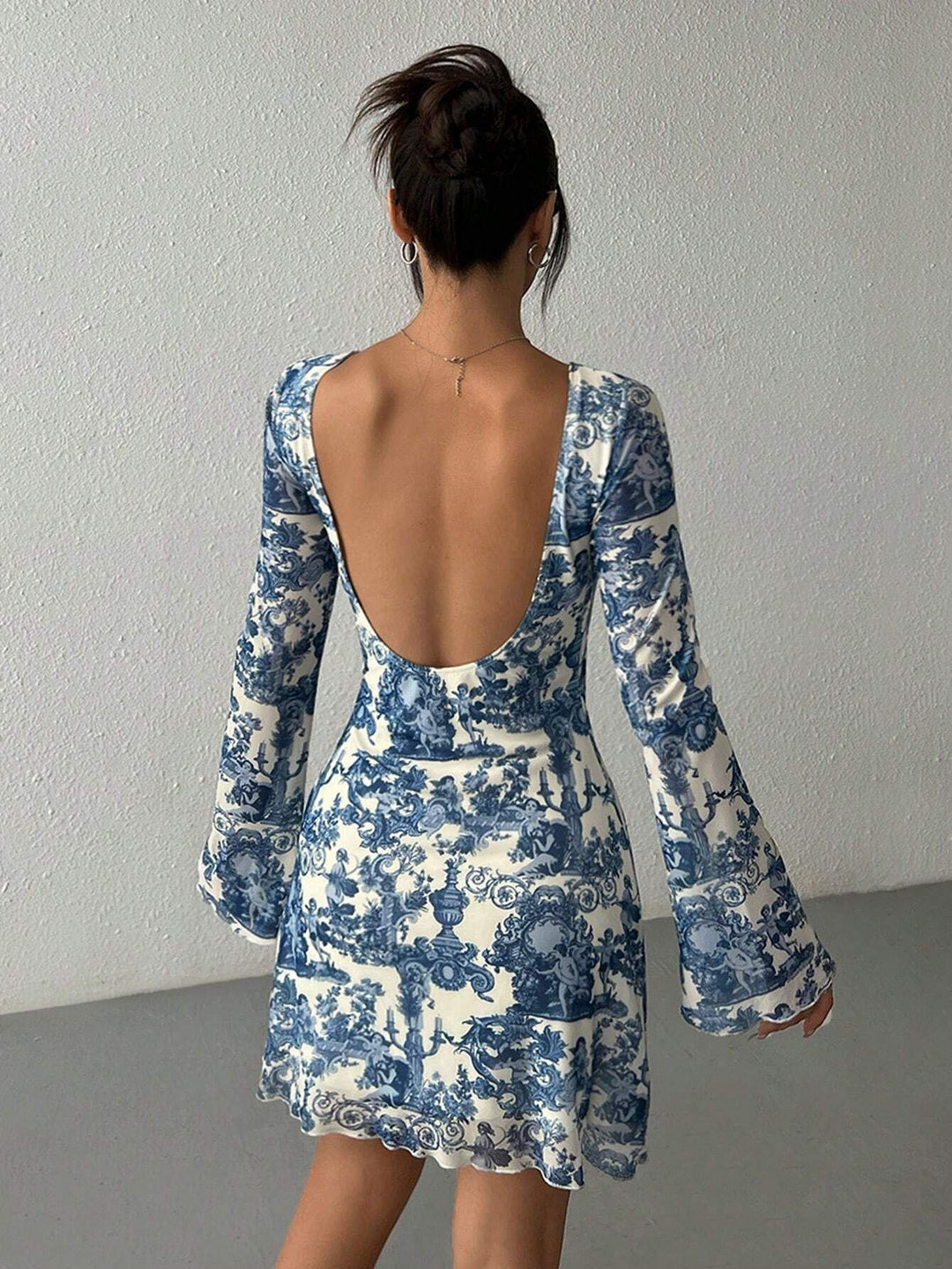 Blue Abstract Printed Bell Sleeve Dress