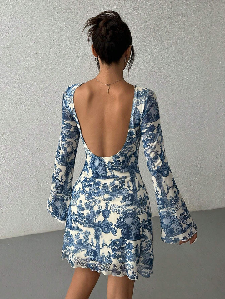 Blue Abstract Printed Bell Sleeve Dress