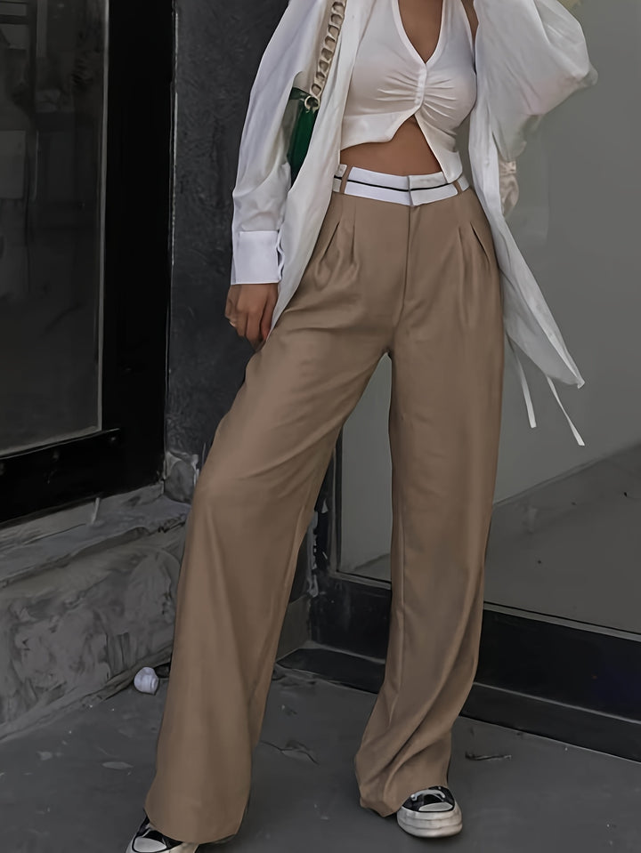 Brown Contrast Waist Wide Leg Pant