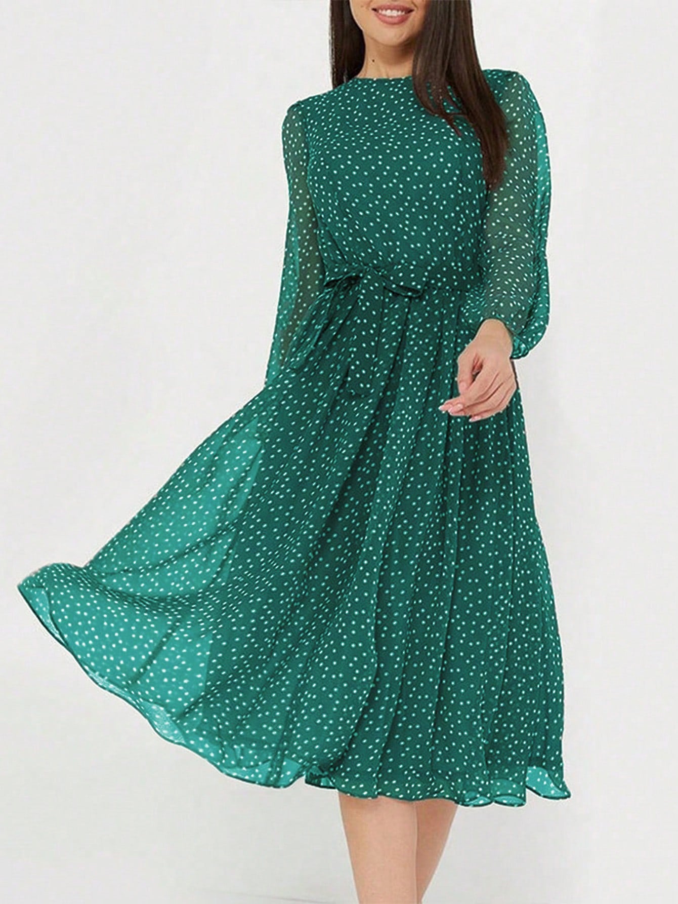 Green Printed High Neck Midi Dress
