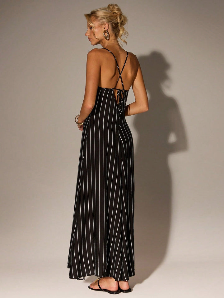 Black Spaghetti Strap V Neck Flared Dress