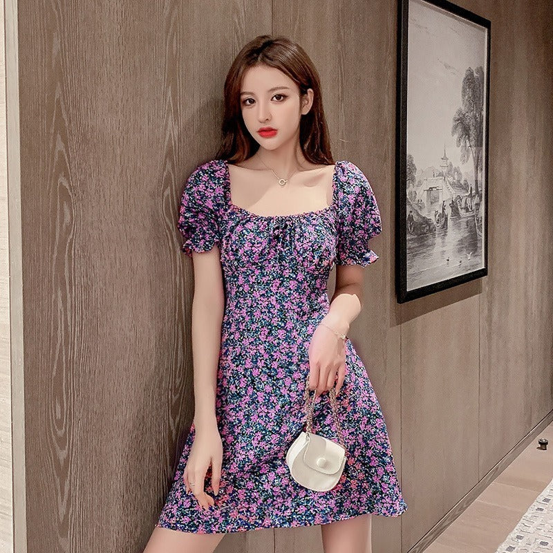 Purple Puff Sleeves Fit And Flare Dress