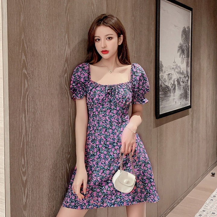 Purple Puff Sleeves Fit And Flare Dress