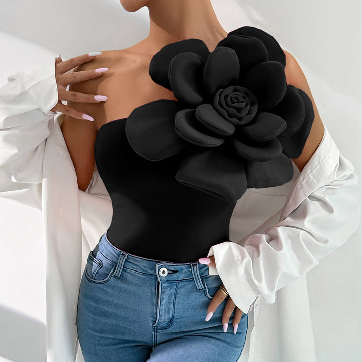 Black One Shoulder Flower Attached Top