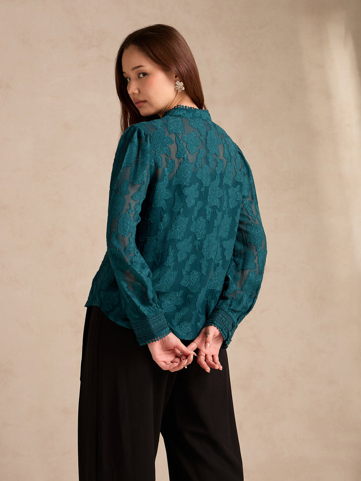 Teal Regular Fit Burnout Fabric Blouse With Lace Details