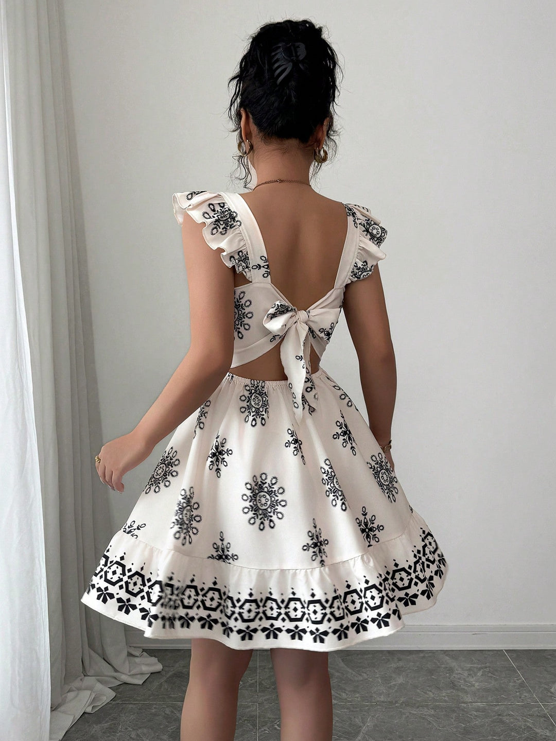 White Printed Ruffle Sleeve Dress