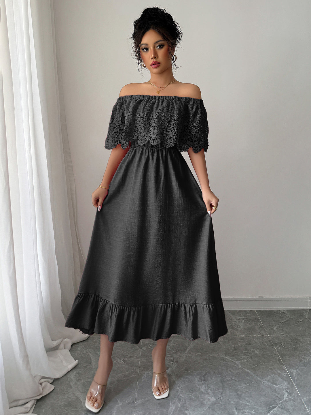 Black Off-Shoulder Ruffle Midi Dress