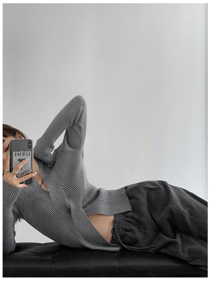 Grey Full Sleeve V Neck Wrap Pullover Top