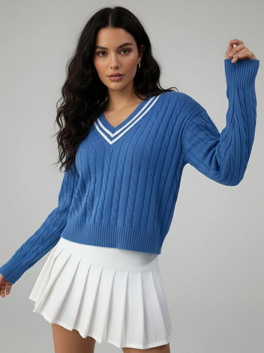 Blue V Neck Cable Structure Sweater