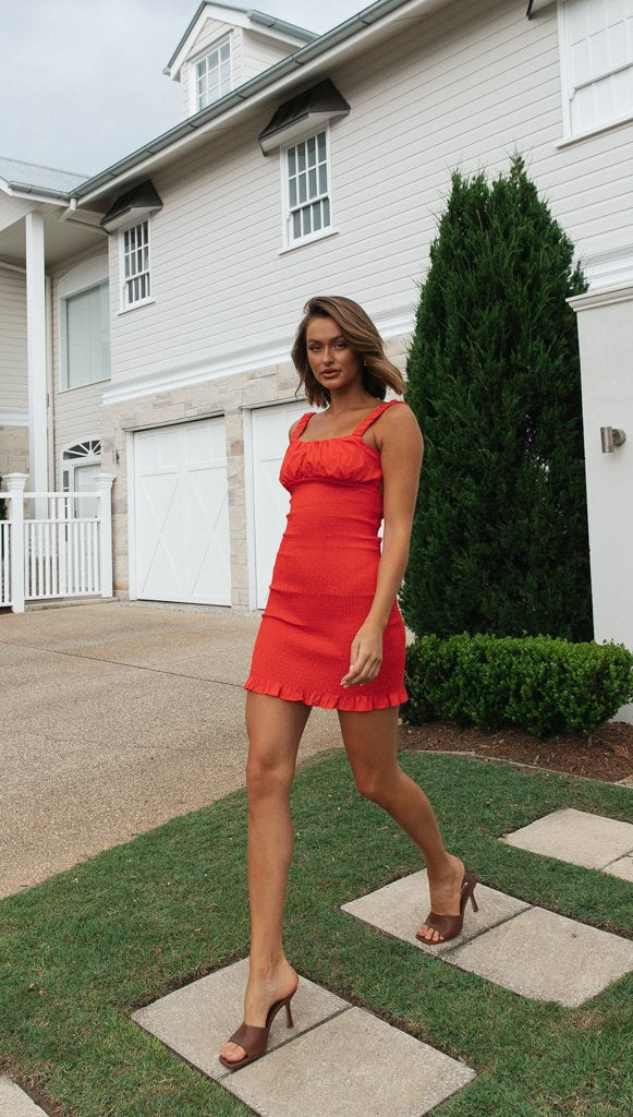 Red Sleeveless Smocked Dress