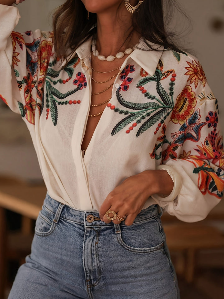 Off White Bishop Sleeve Front Buttoned Embroidered Top