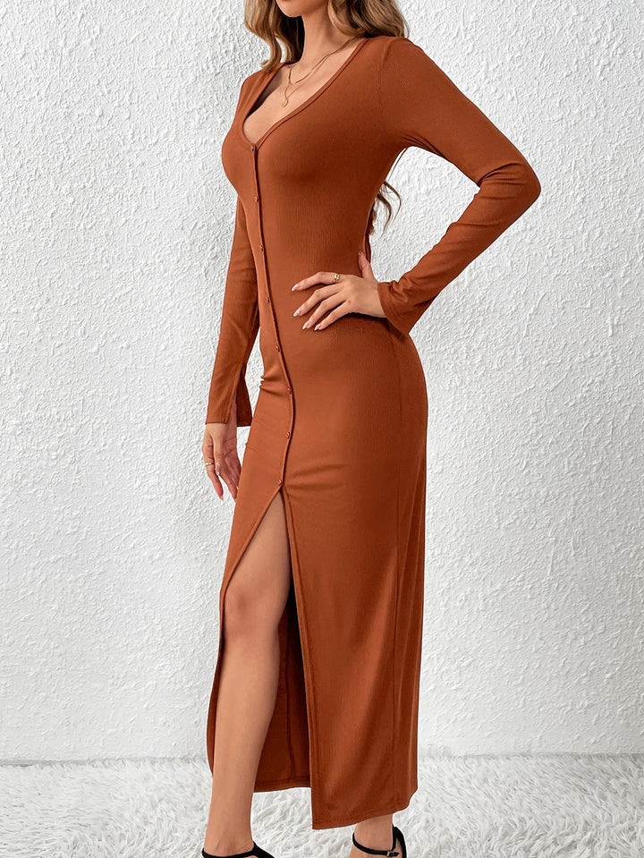 Rust V Neck Button Down Dress