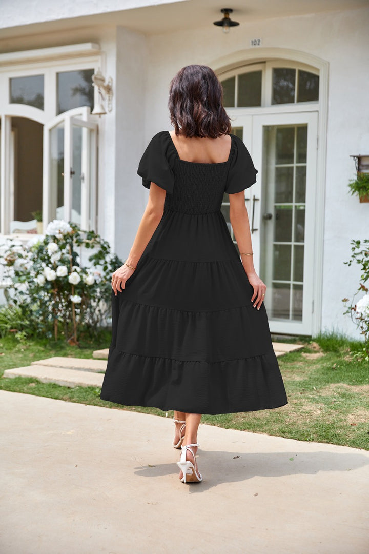 Black Square Neck Puff Sleeved Tiered Dress