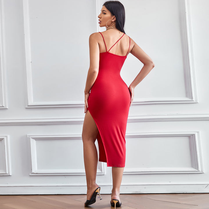 Red Shoulder Strap Back Detail Dress