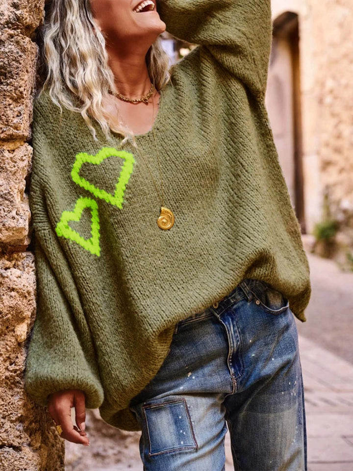 Olive Full Sleeves V Neck Printed Sweater