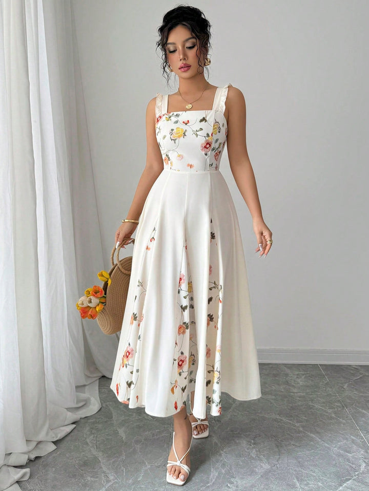 Cream Sleeveless Floral Printed Dress