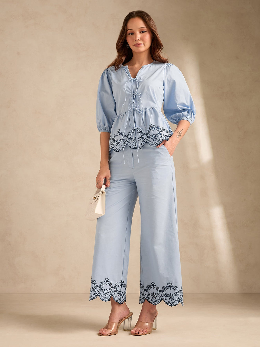 Blue Contrast Schiffli Regular Fit Shirt With Trouser