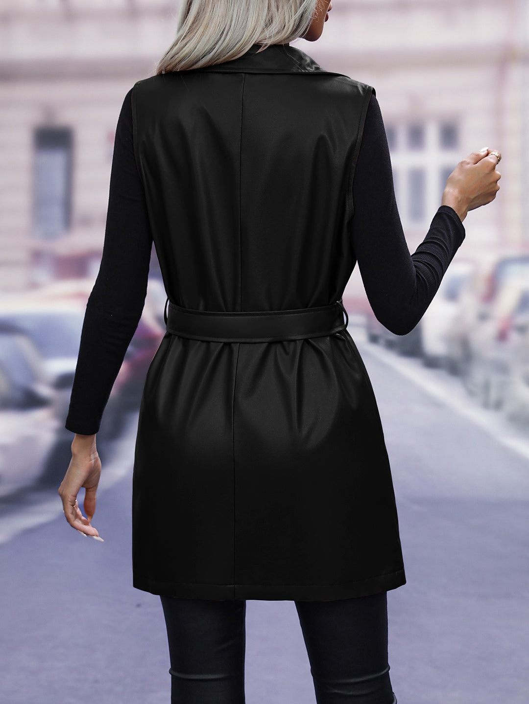 Black Longline Sleeveless Aviator Jacket With Belt