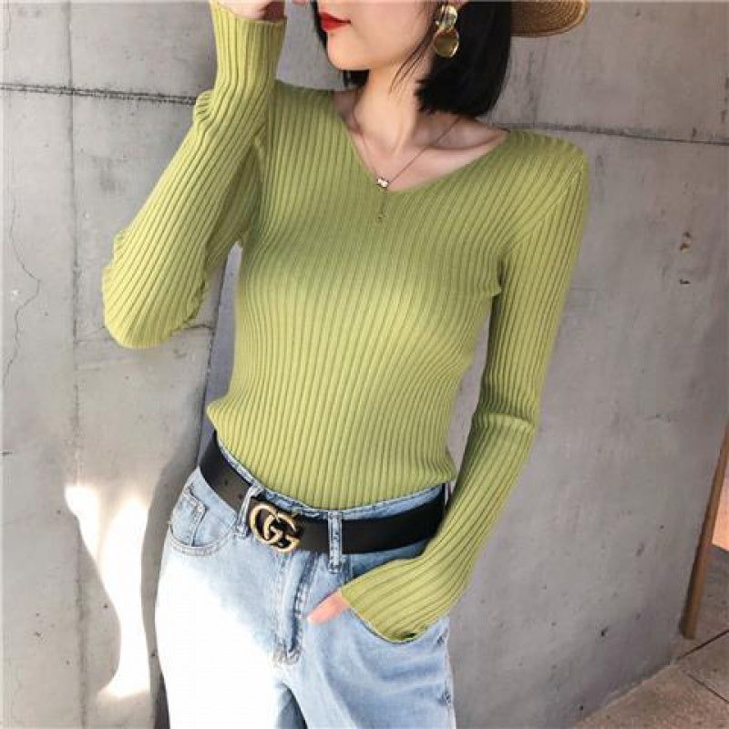 Light Green Full Sleeve V Neck Fitted Top