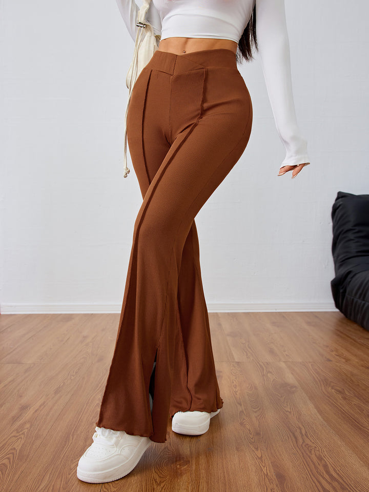 Brown Elastic Waist Slit Trouser
