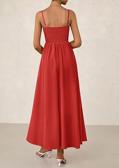 Red Strappy Square Neck Cinched Waist Dress With Pockets