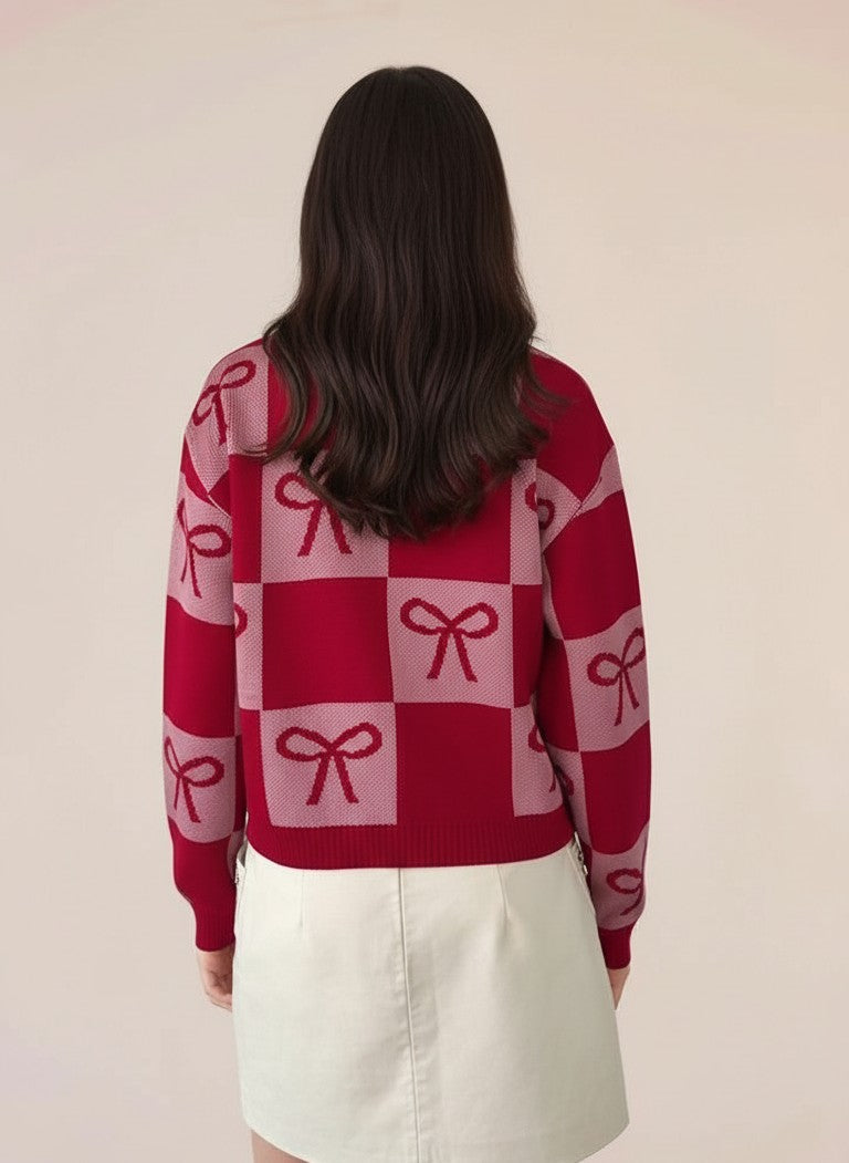 Red Colour Blocked Check With Graphic Bows Cardigan