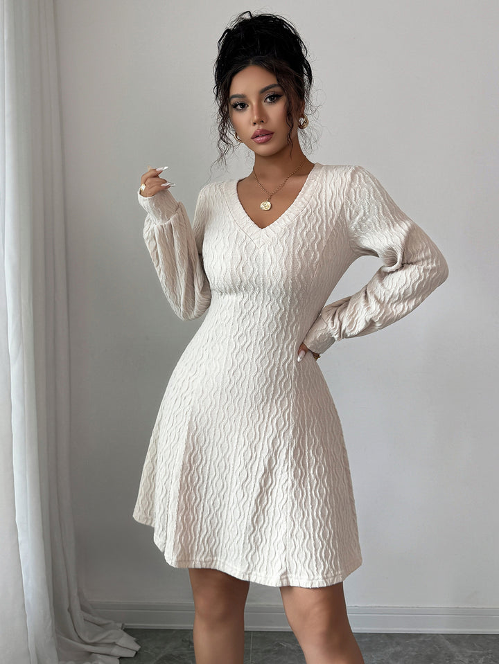 White Textured V Neck Mini Dress